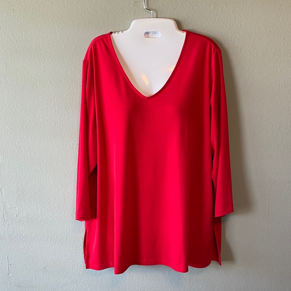 Susan Graver V-Neck Long Sleeve Top in Bright Red Size 1XP